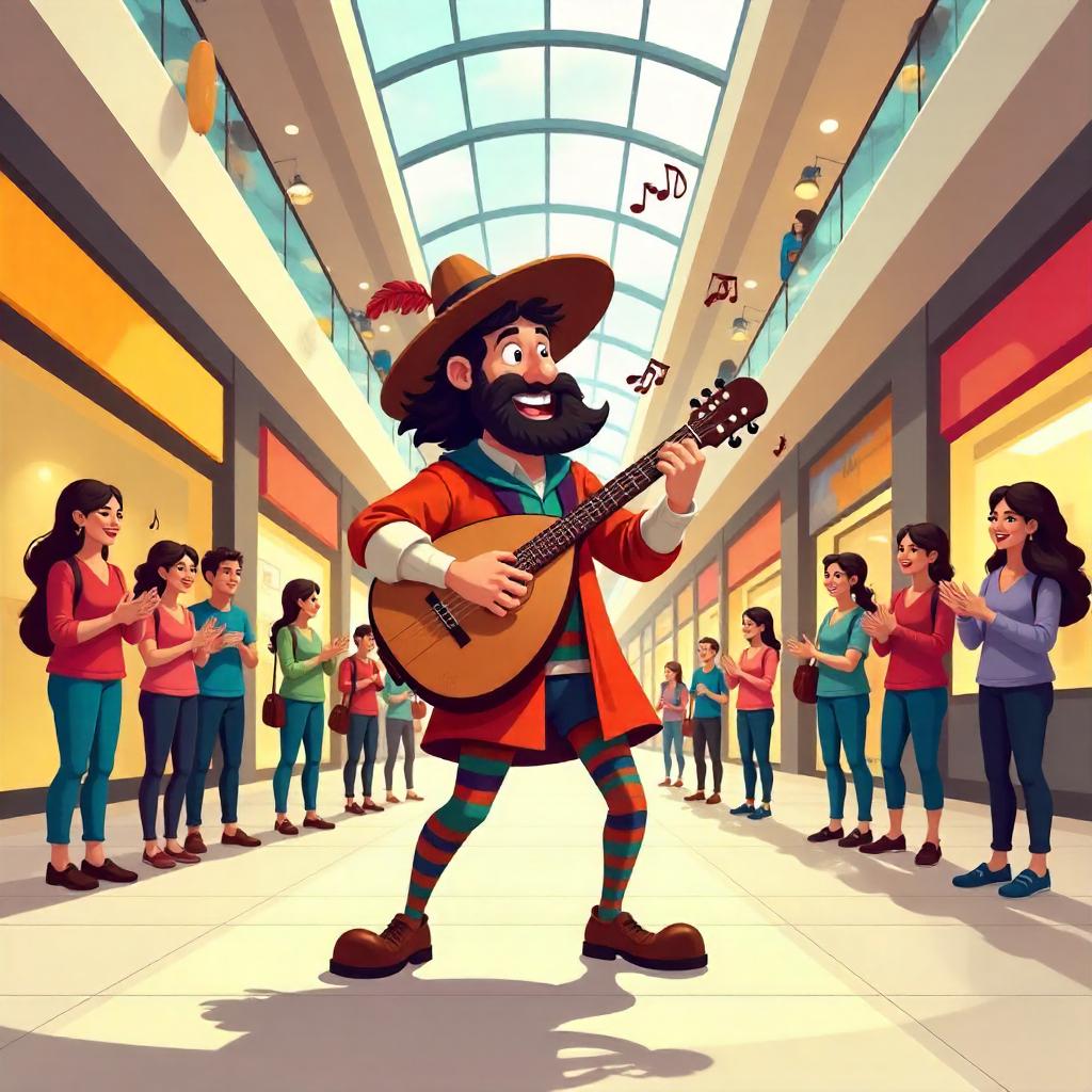 Cartoon Bard in a Bustling Shopping Mall