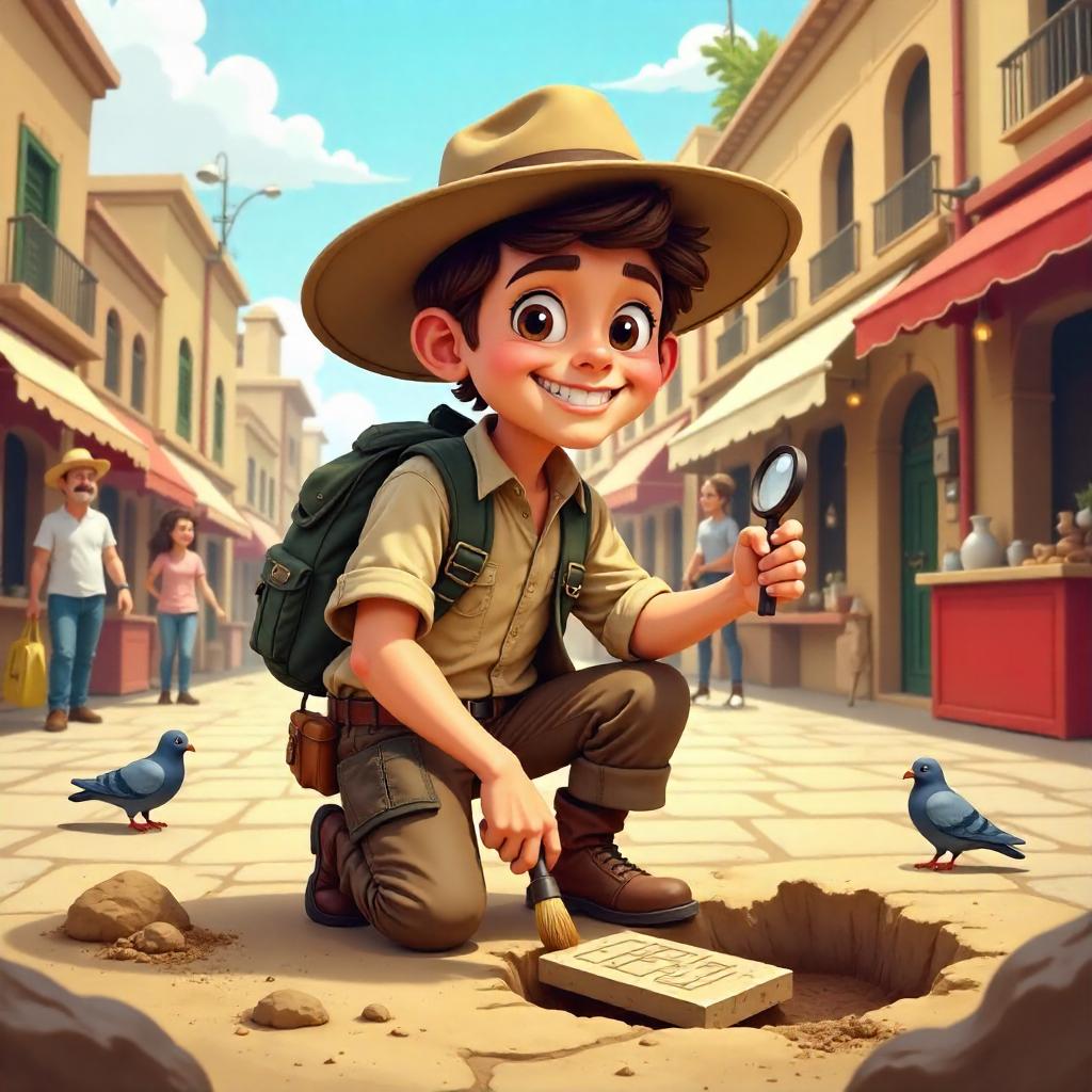 Cartoon Archaeologist in a Lively Town Square
