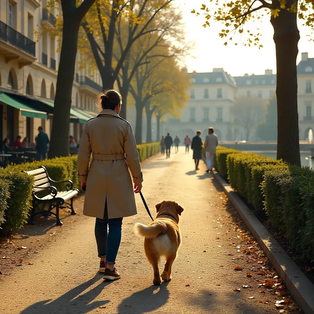 Golden Hour Walk in a Parisian Park with a Dog