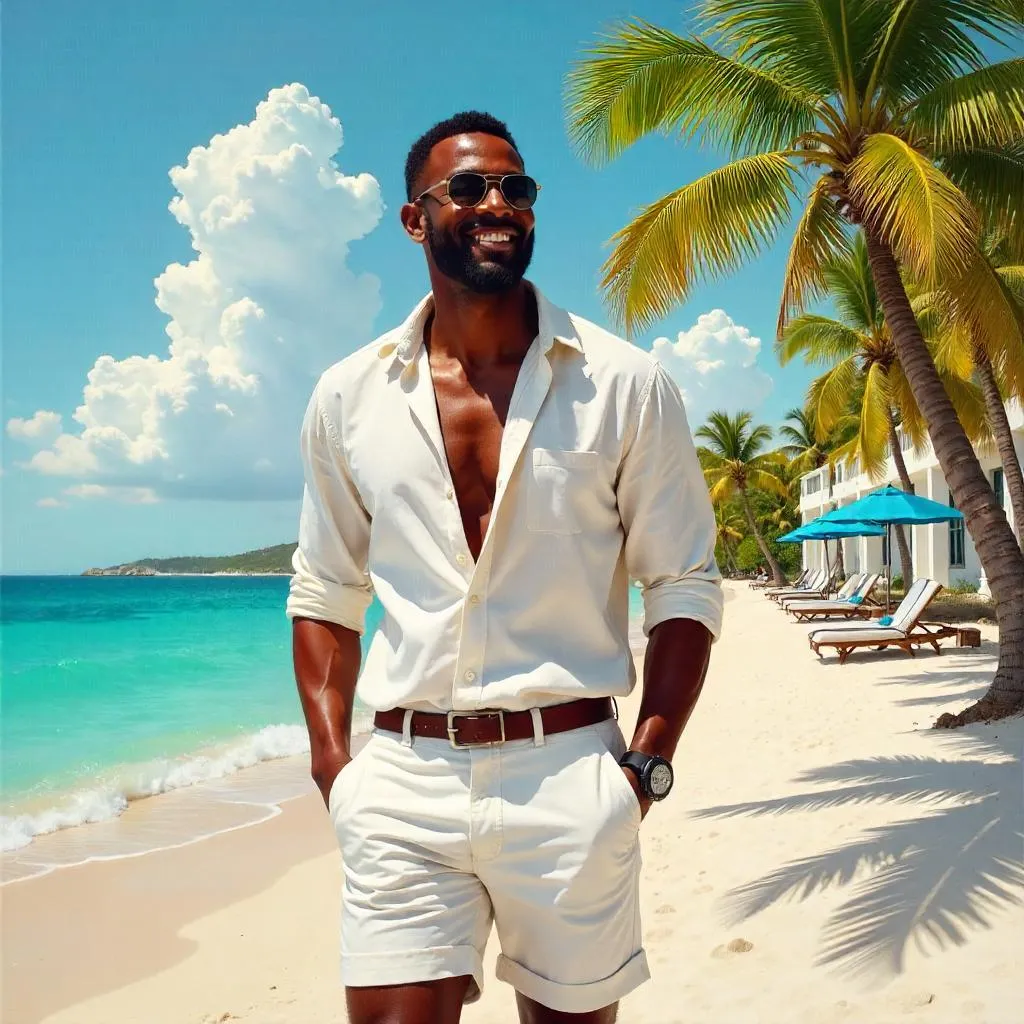 Confident Black Man at a Beach Resort – Oil Painting
