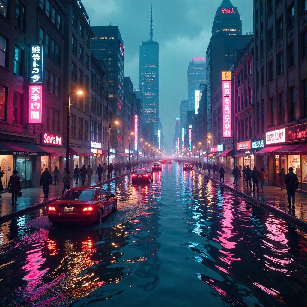 Neon River Through a Busy City Street