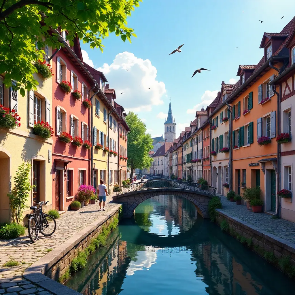 Sunny Colmar Canal with Colorful Half-Timbered Houses