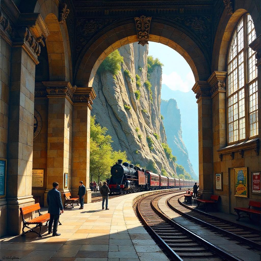 Cliff Inside a Grand Train Station, Oil Painting
