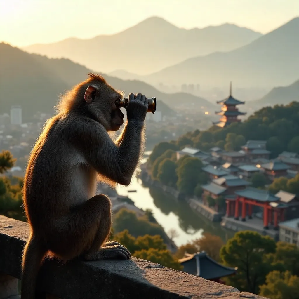 Curious Macaque Over Kyoto Skyline