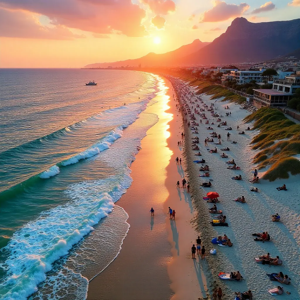 Aerial Sunset at Cape Town Beach: Vibrant Shoreline