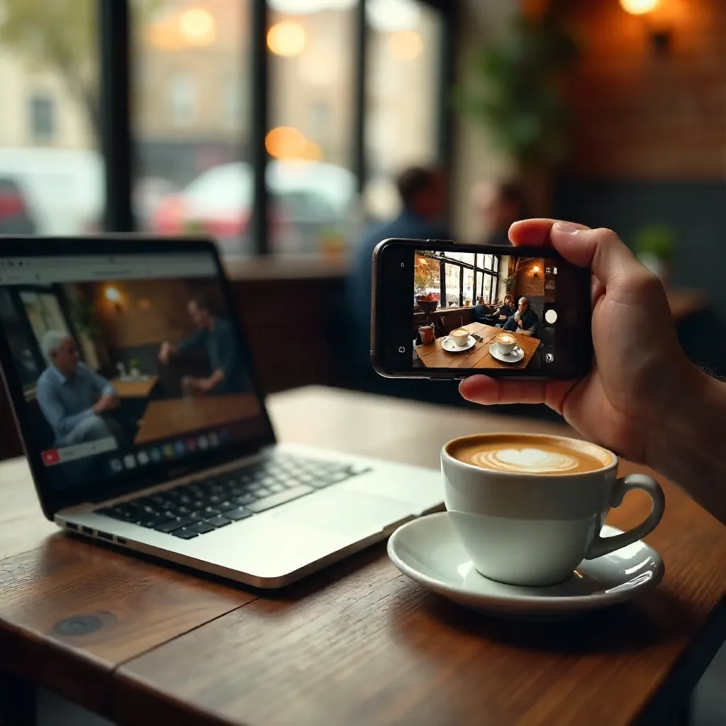 Hand Capturing a Cozy Café Scene