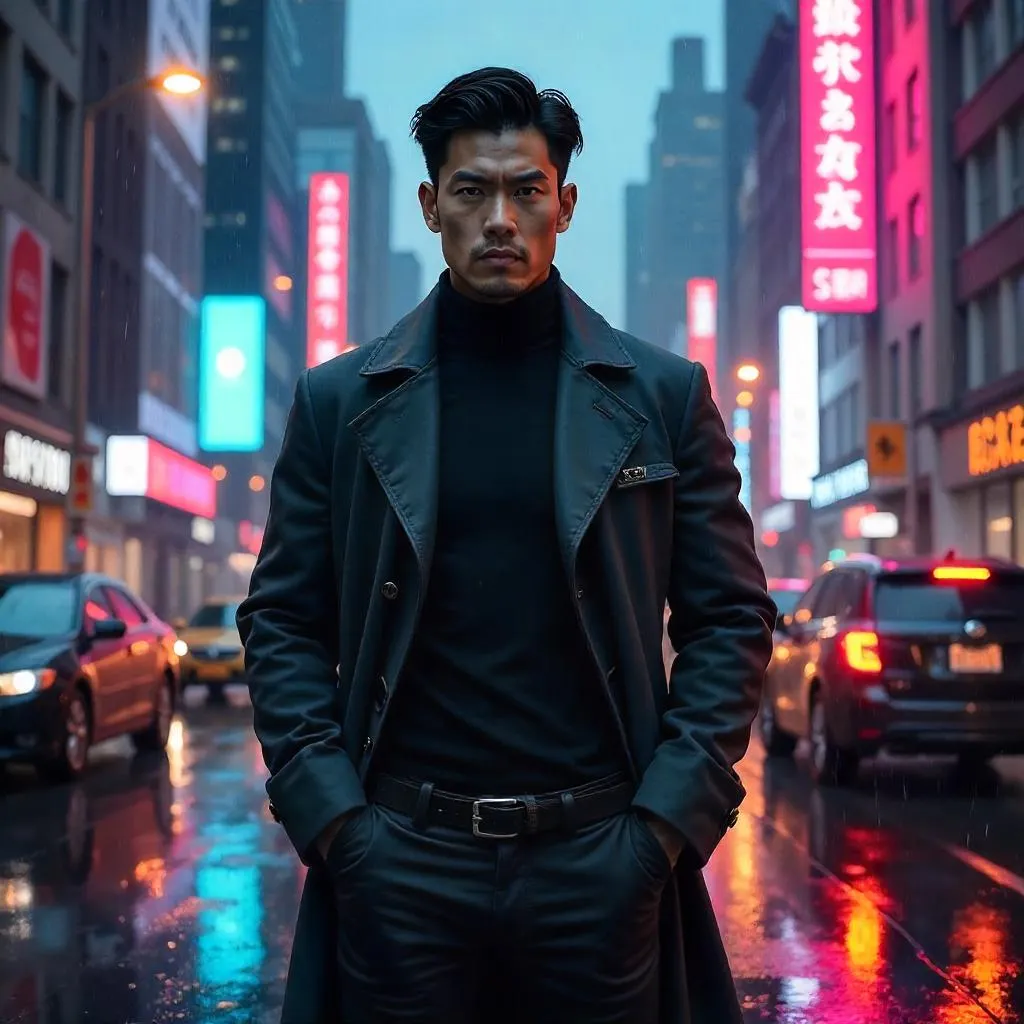 Confident Asian Man in Neon Urban Concept Art