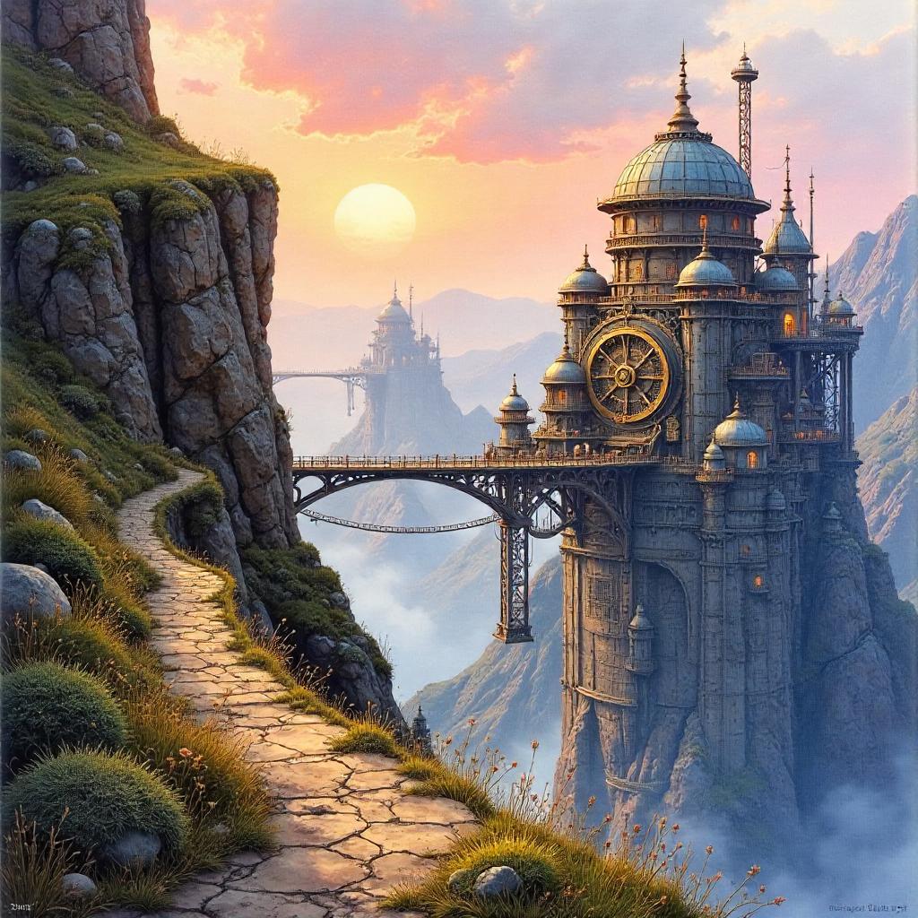 Cliff Edge Over a Clockwork City (Watercolor)