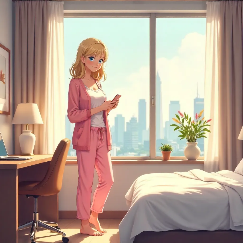 Anime-Style Young Woman in a Cozy Hotel Room