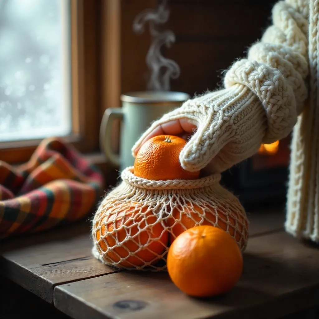 Warm mittened hand fills net bag with oranges