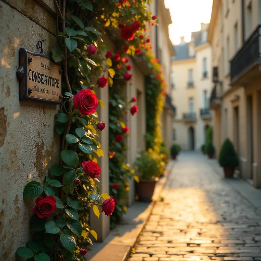 Vine by Conservatoire Sign on Cobblestones