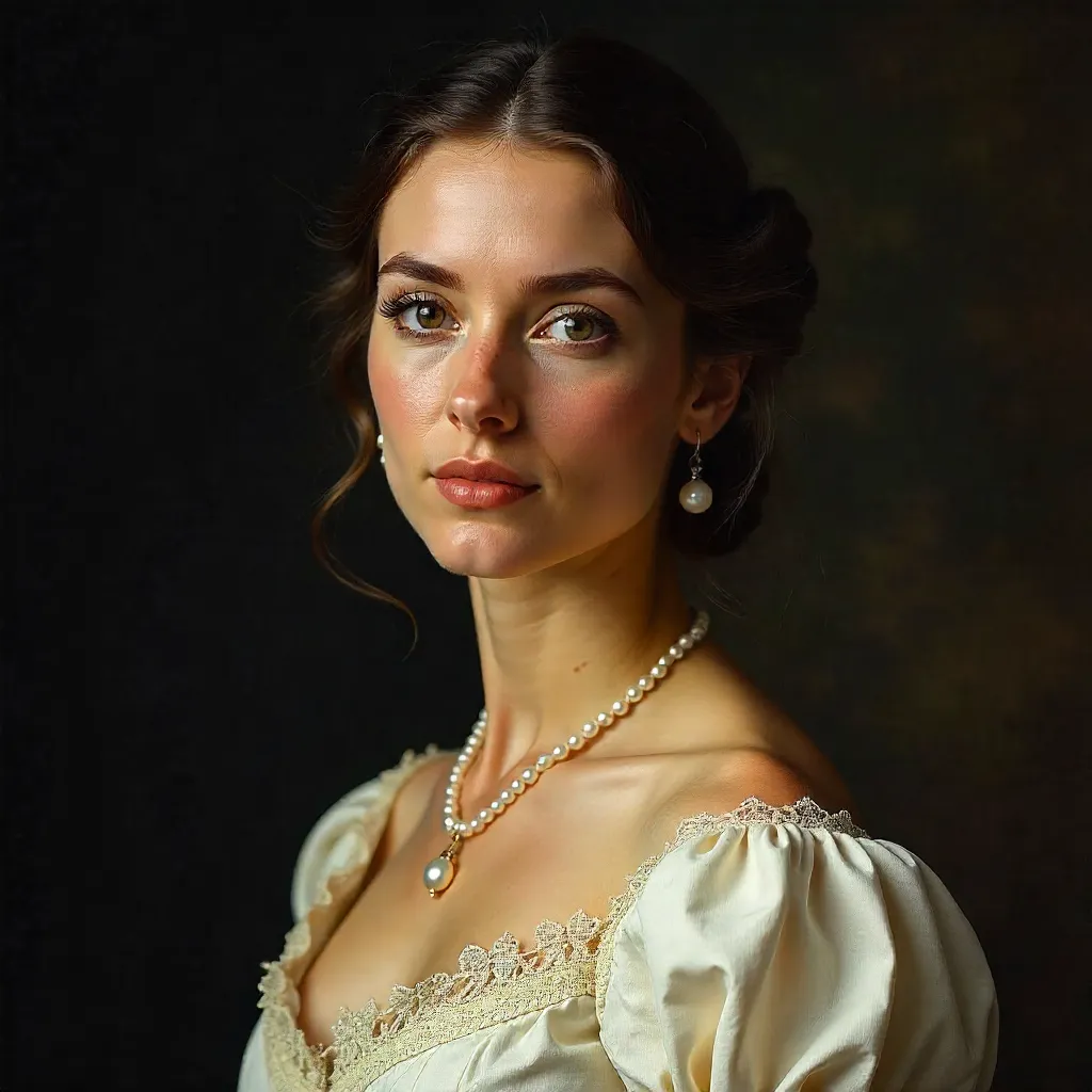 Portrait of a Woman in a Vintage White Dress with Jewelry