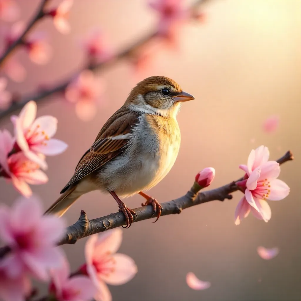 Charming Sparrow Among Spring Cherry Blossoms