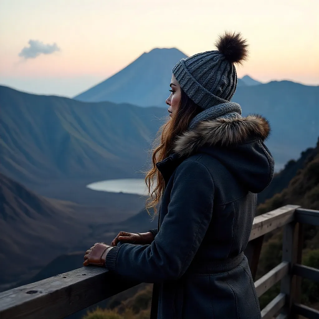 Warm-clad silhouette before misty Mount Bromo