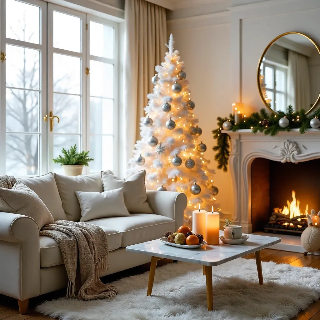 Elegant Holiday Living Room with White Christmas Tree