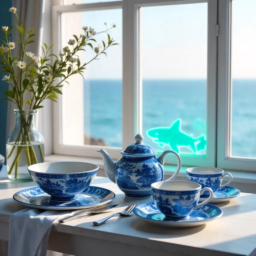 Neon Shark Overlooking Sea with Blue-White Tableware