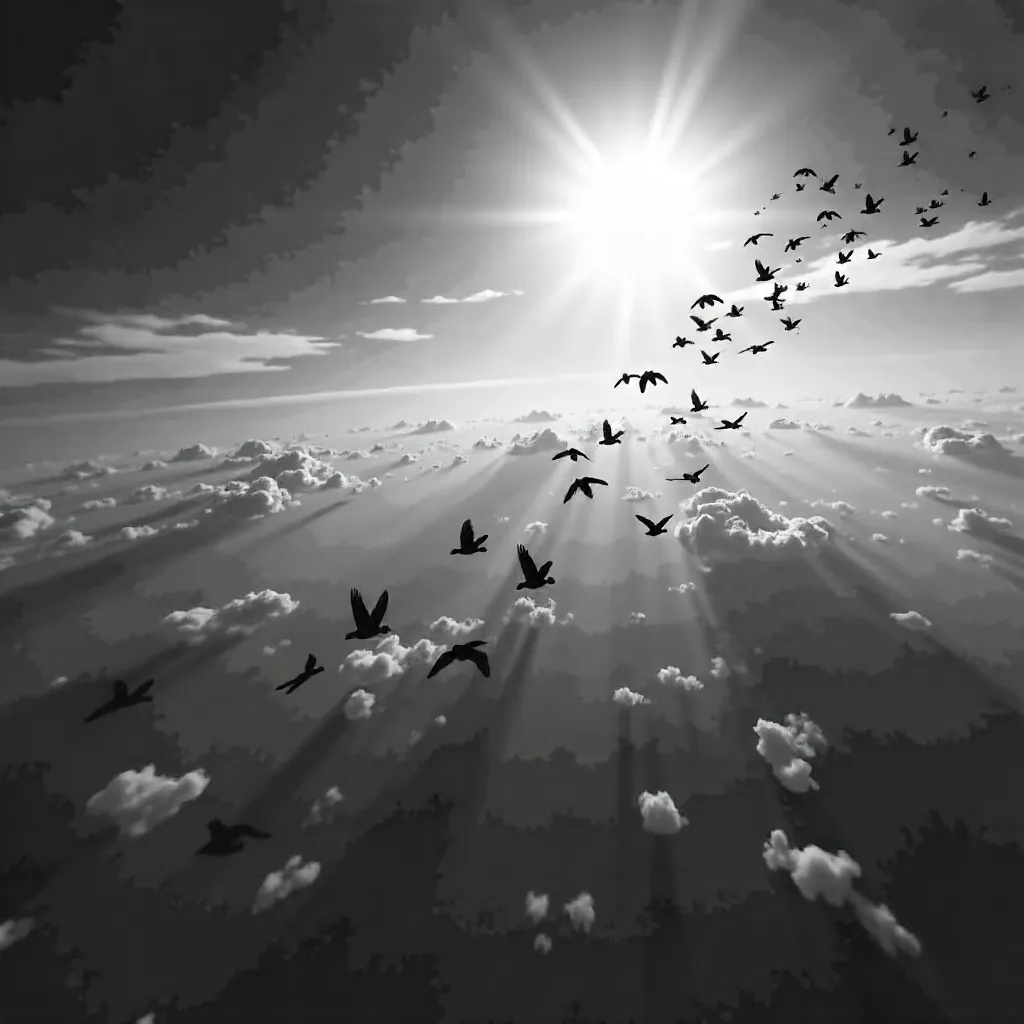 Dramatic Black-and-White Flock in Flight