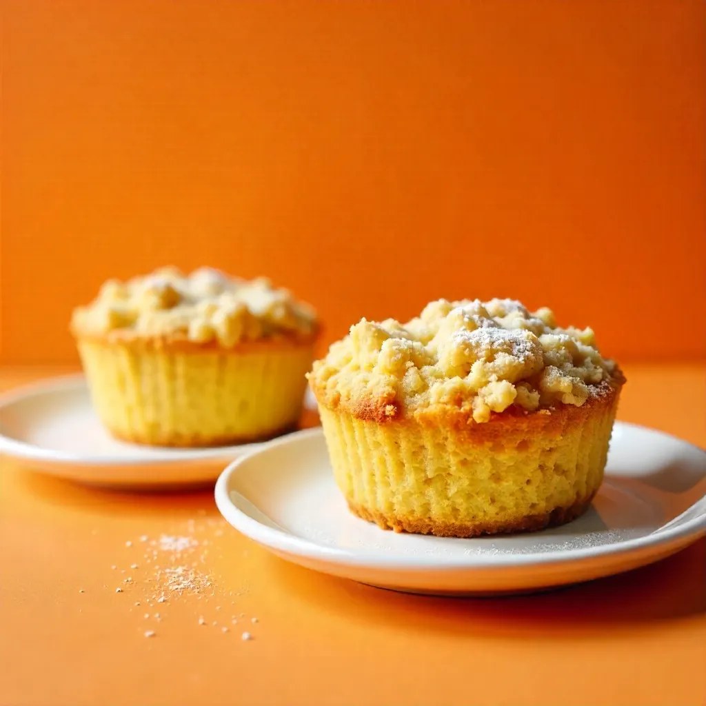 Two Crumb Cakes on White Plates, Orange Backdrop