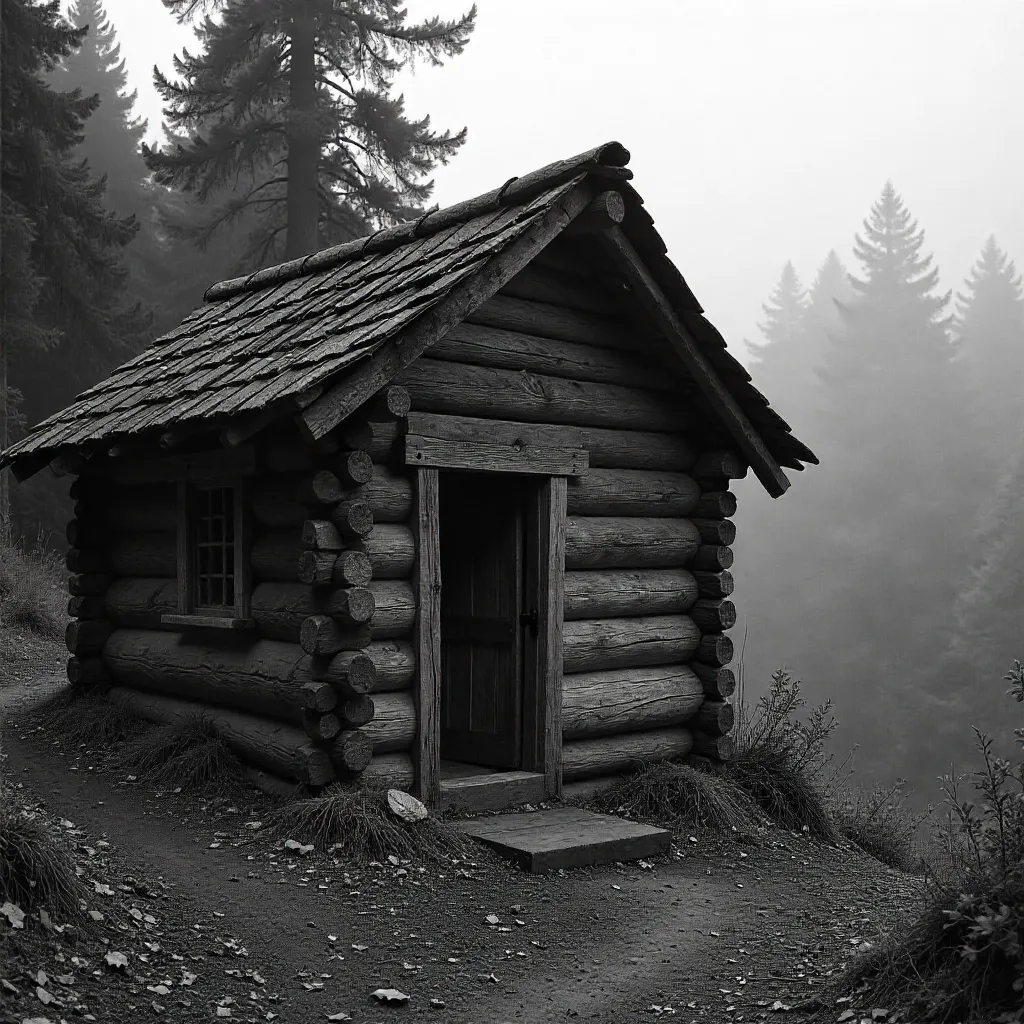 Monochrome Rustic Hut Amid Dense Forest