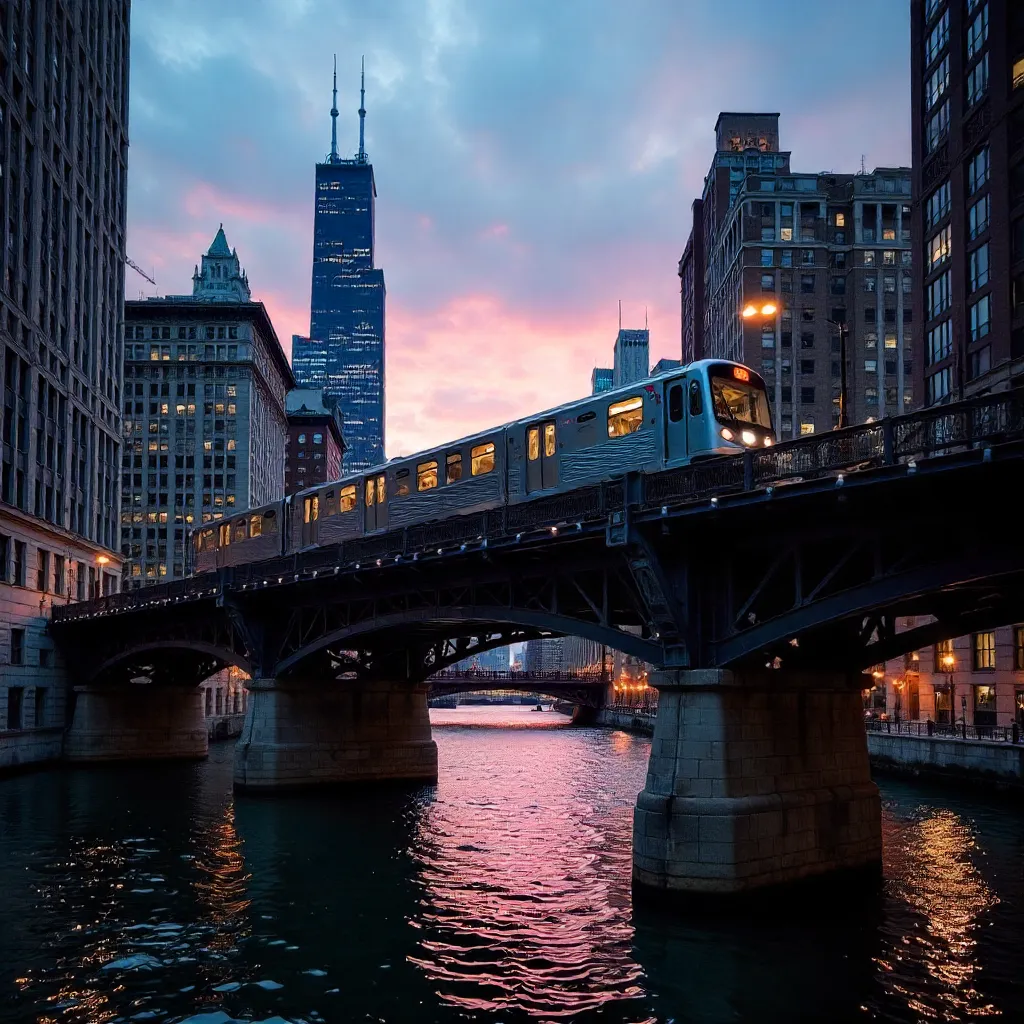 Twilight L Train Crossing Wells Street Bridge, Chicago