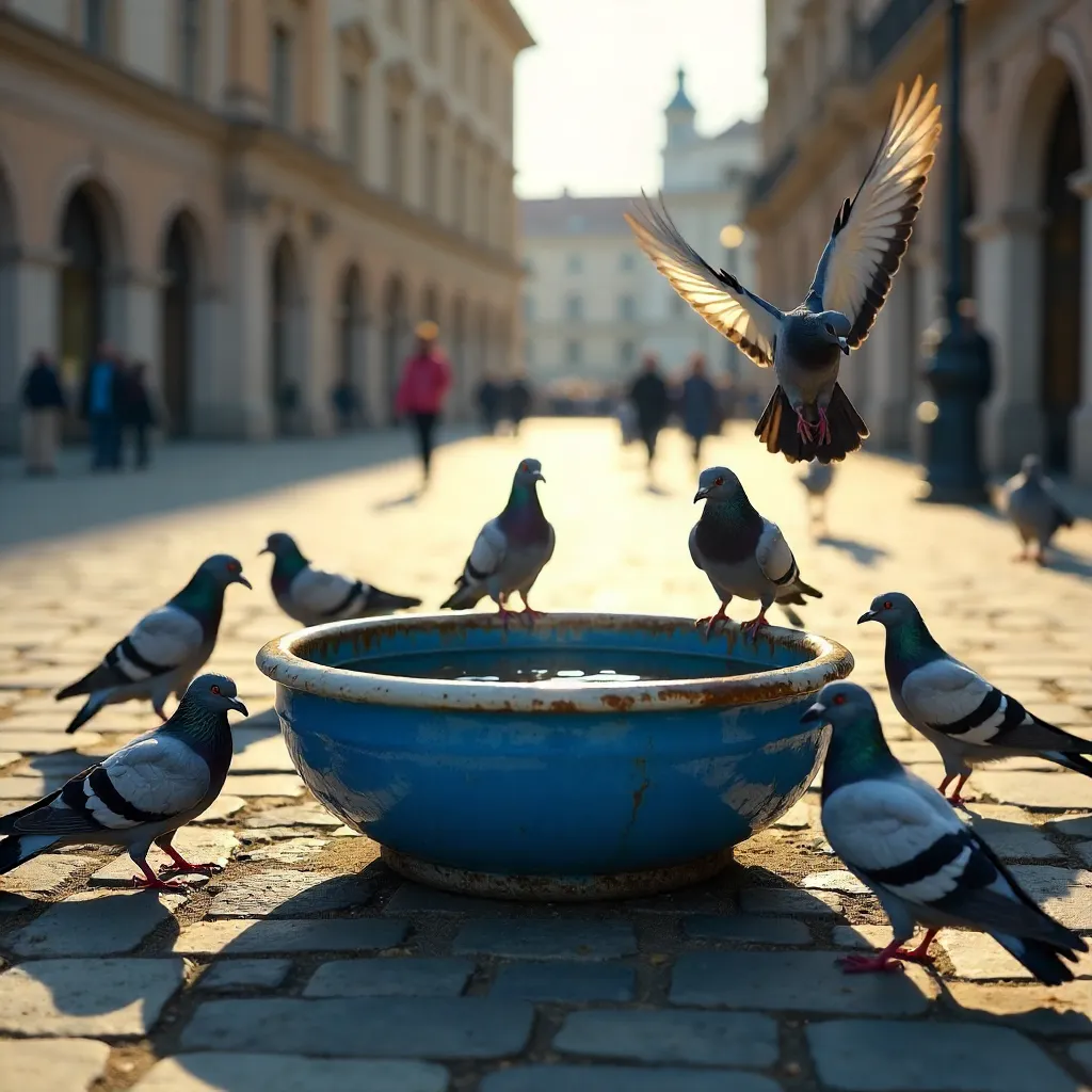 Pigeons Around a Blue Basin in Sunlit Square