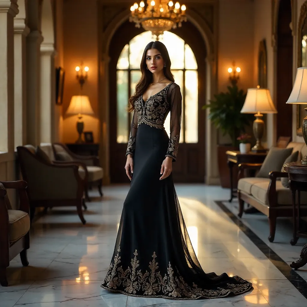 Lahore Elegance: Black Embroidered Dress Pose