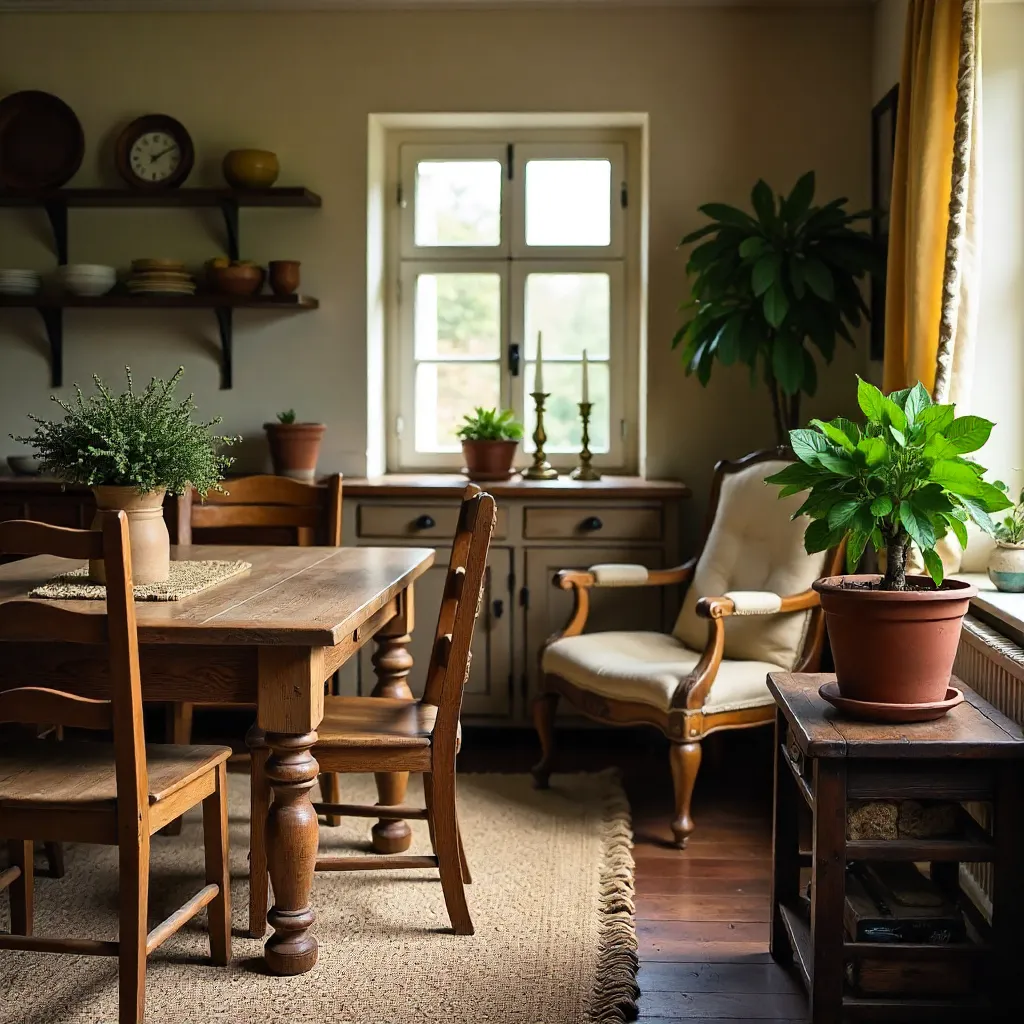 Warm Vintage Interior with Rustic Decor and a Lively Plant