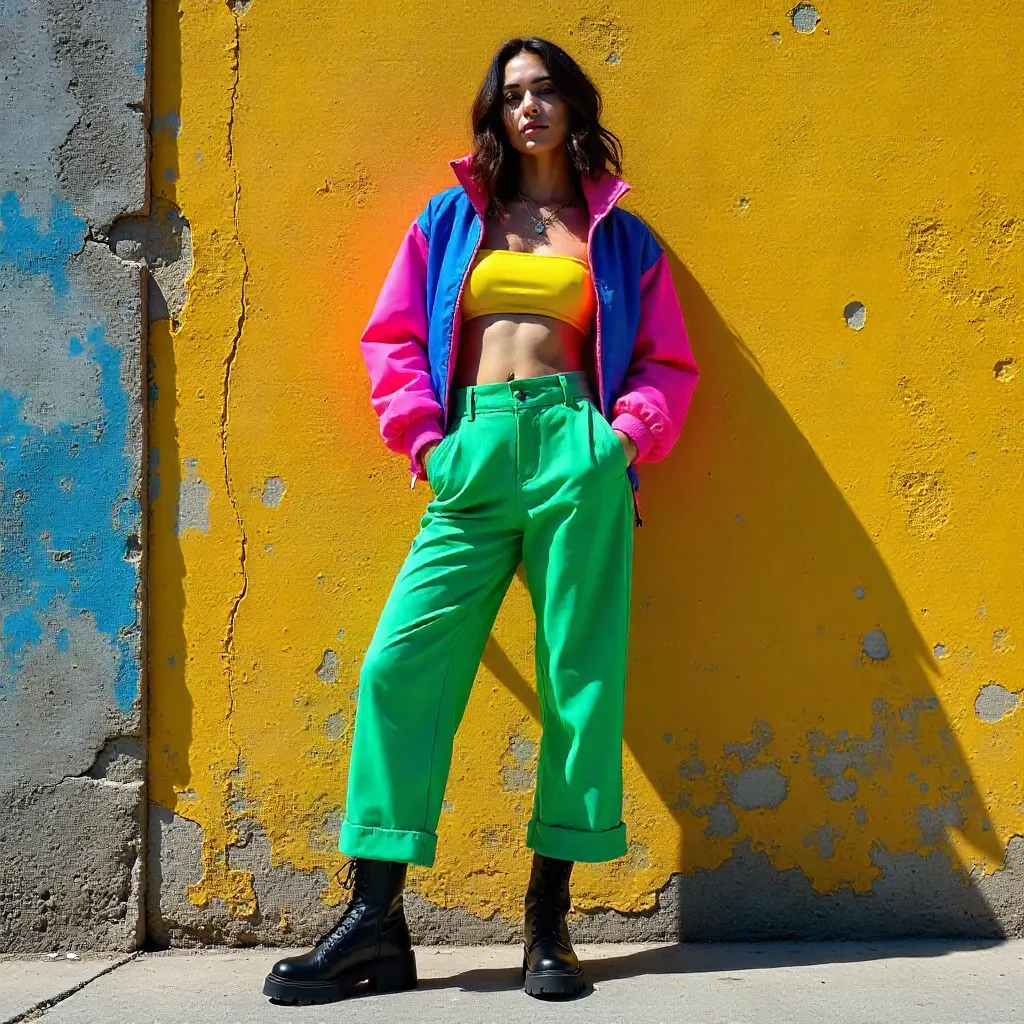 Vibrant Fashionable Woman Against Textured Wall
