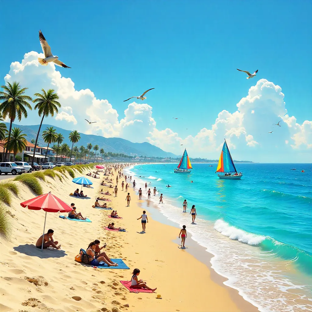 Vibrant Beach Scene with Sailboats, People, and Cars