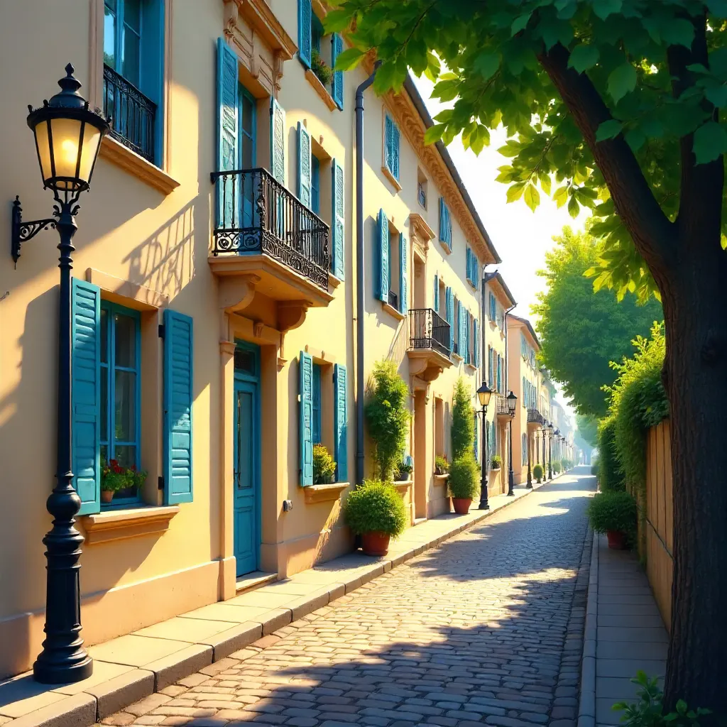 Sunlit European Street with Shutters and a Lamp