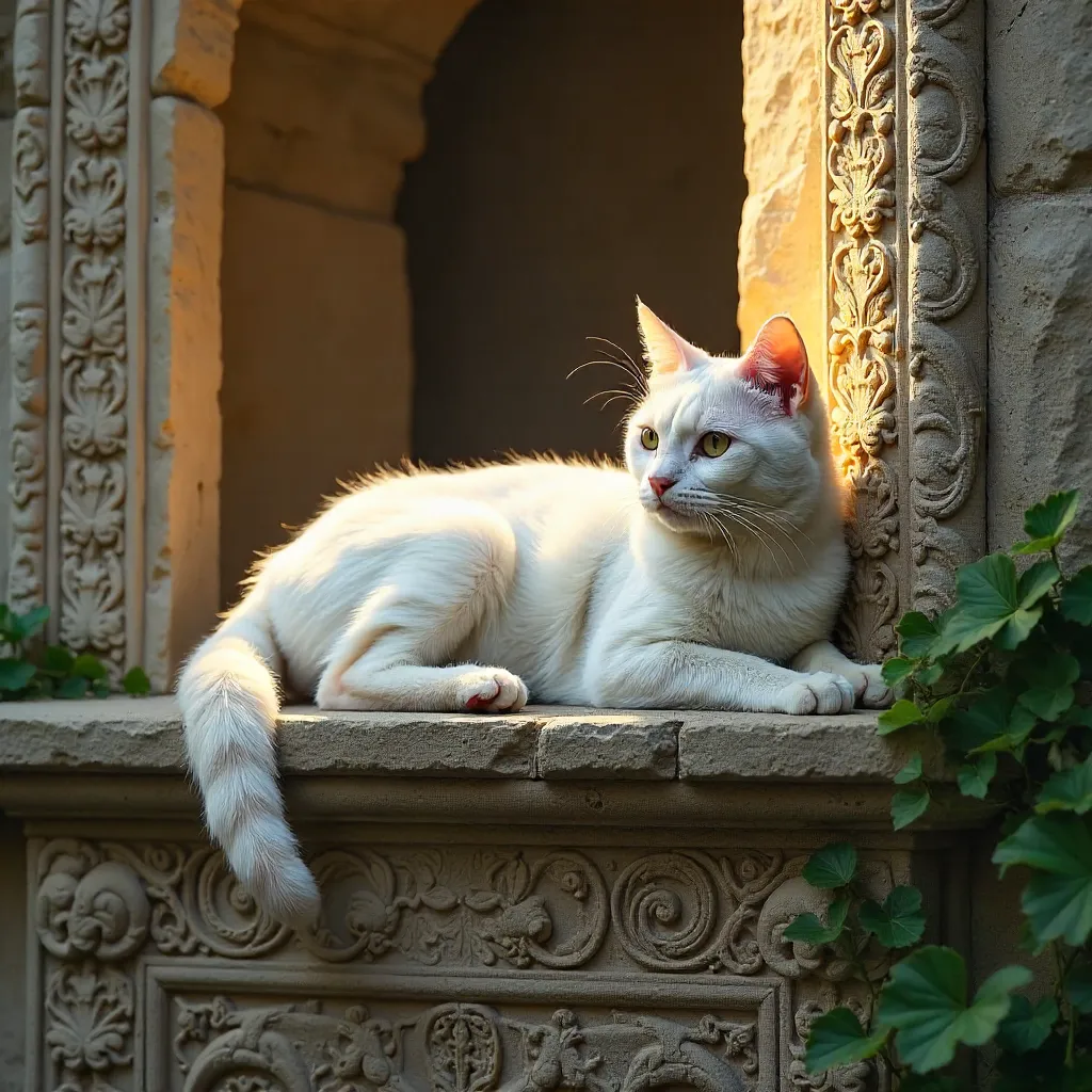 Elegant White Cat on a Carved Stone Wall