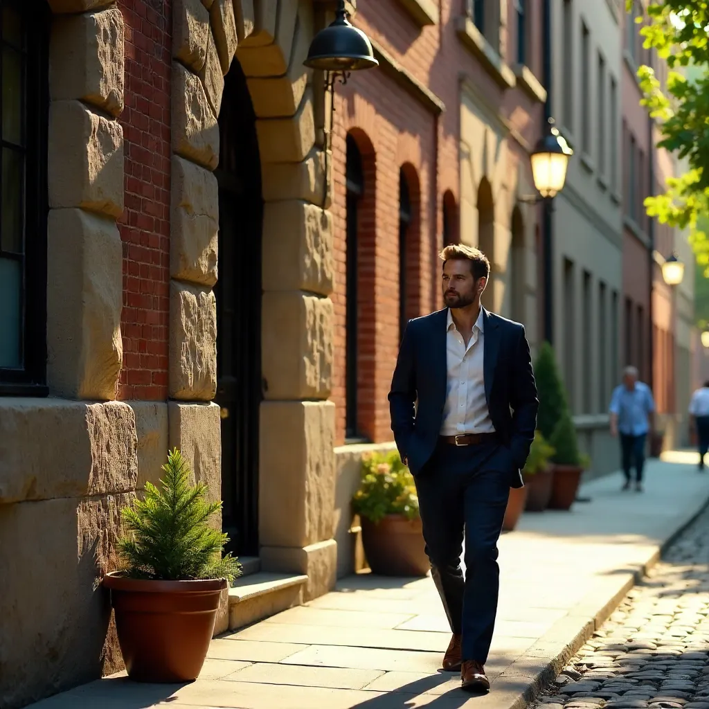 Strolling by a Historic Stone and Brick Facade