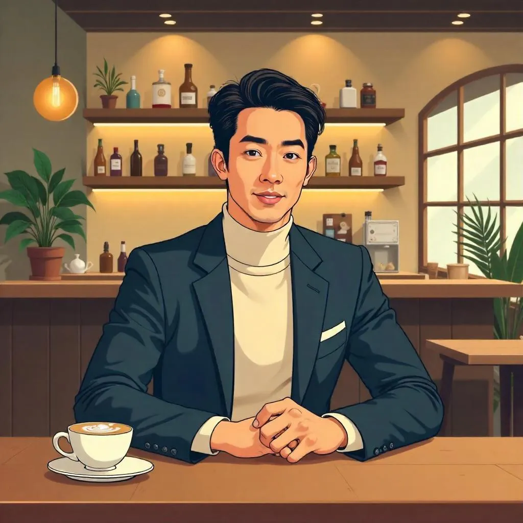 Elegant Asian man in a cozy cafe – cartoon style