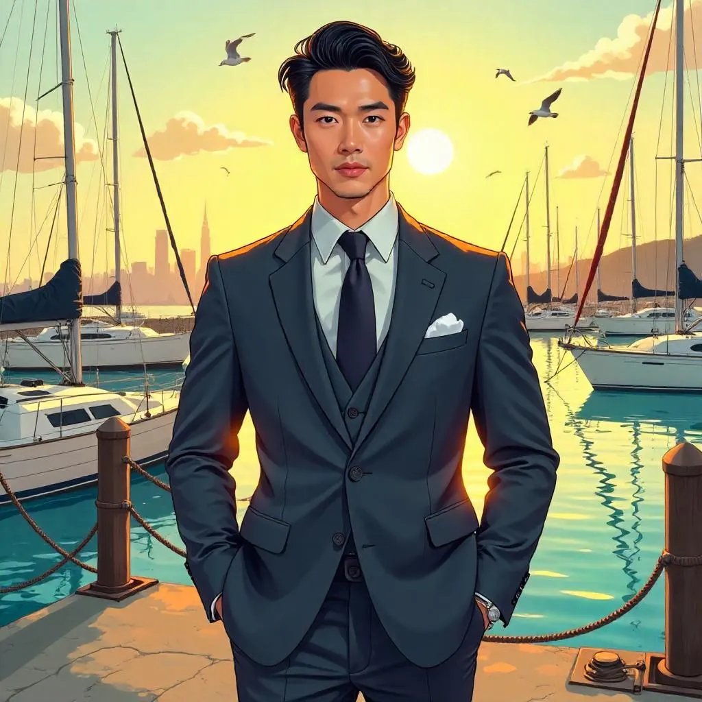 Elegant Asian Gentleman at the Marina in Cartoon Style