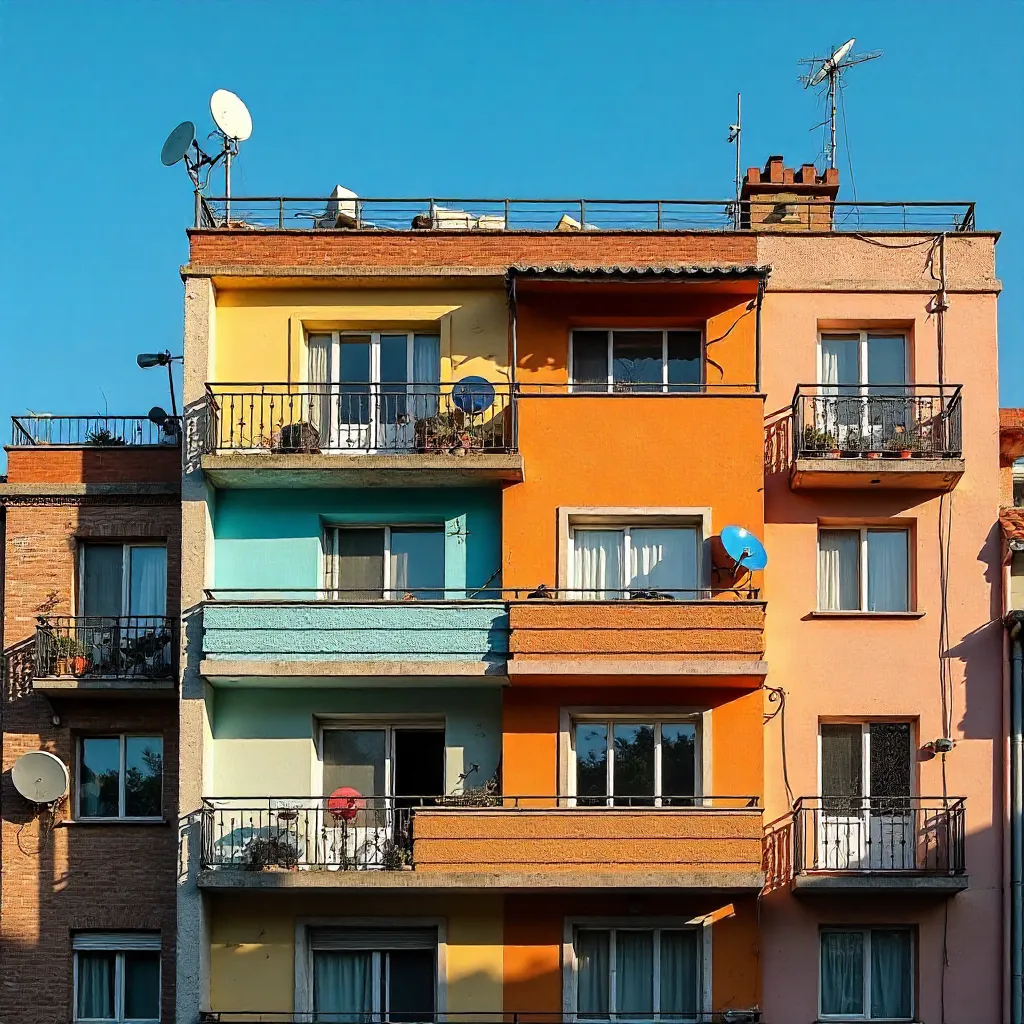 Vibrant Urban Facade with Rooftop Antennas