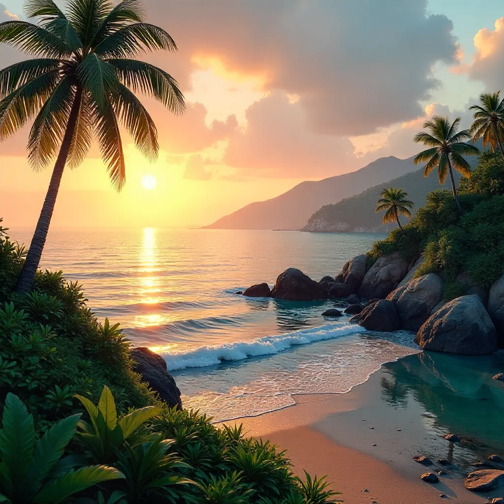 Tranquil Coastal Sunset Over Lush Landscape
