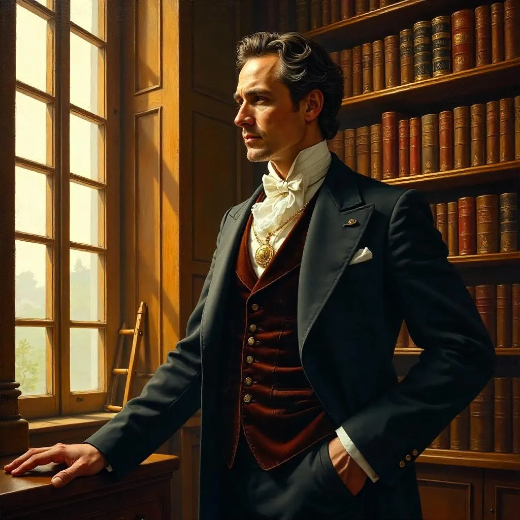 An Elegant White Gentleman in a Library - Oil Portrait