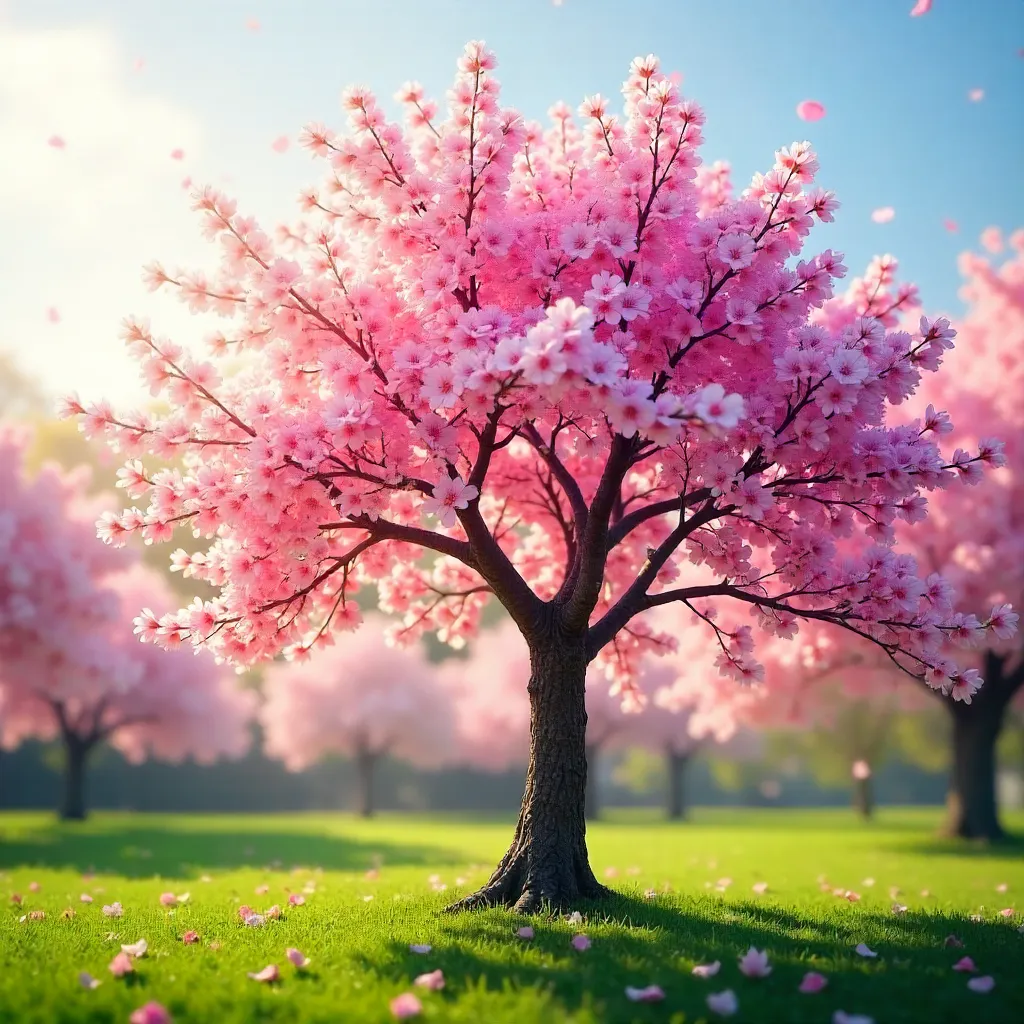 Sunlit Pink Cherry Blossom Tree in Full Bloom
