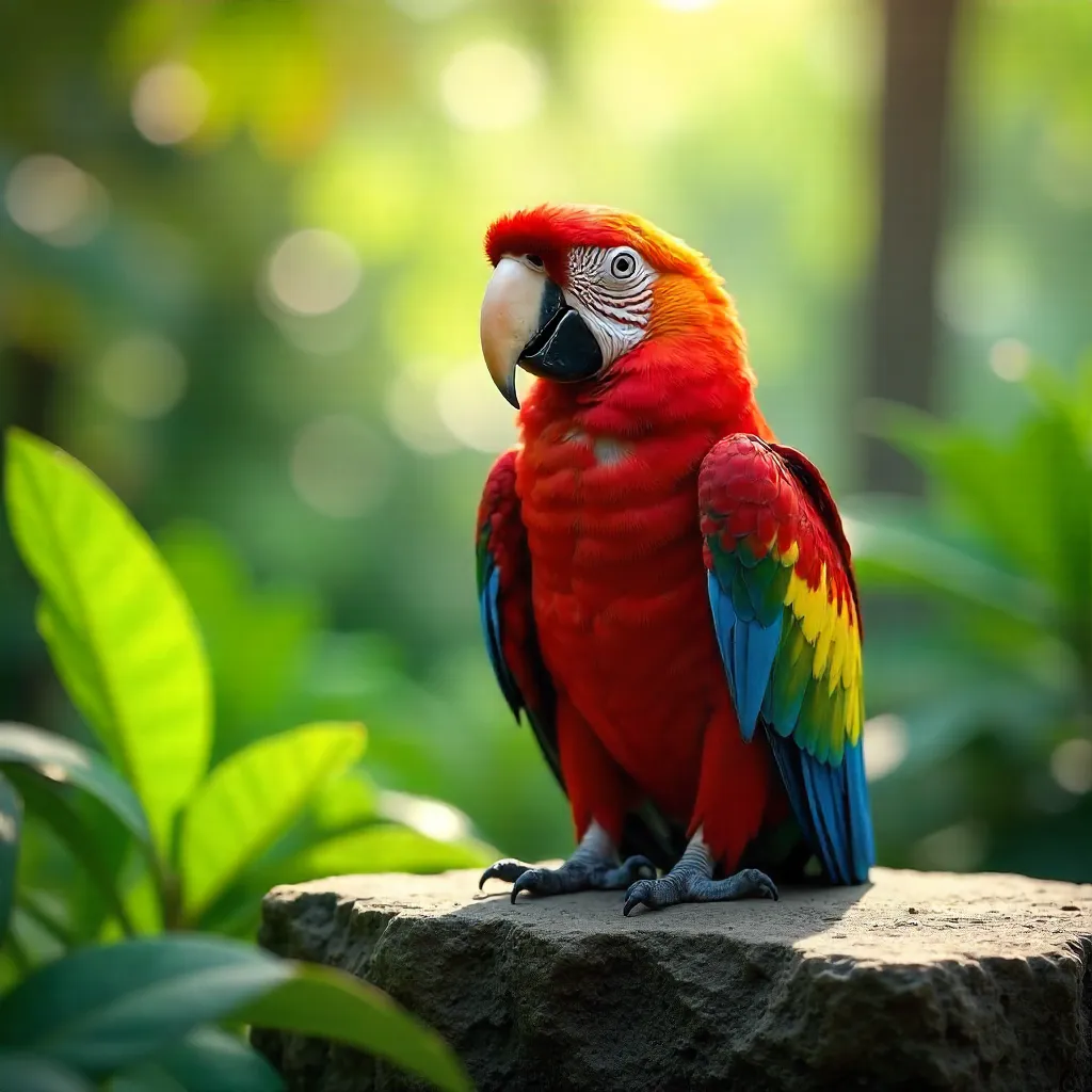 Sunlit Rainbow Parrot on Stone Amid Foliage