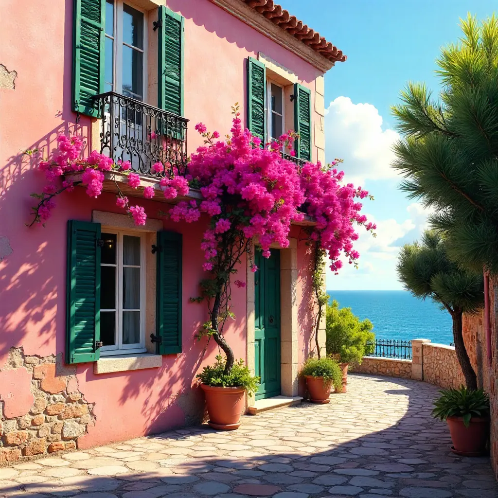 Pink Provencal Facade with Bougainvillea in Bormes-les-Mimosas