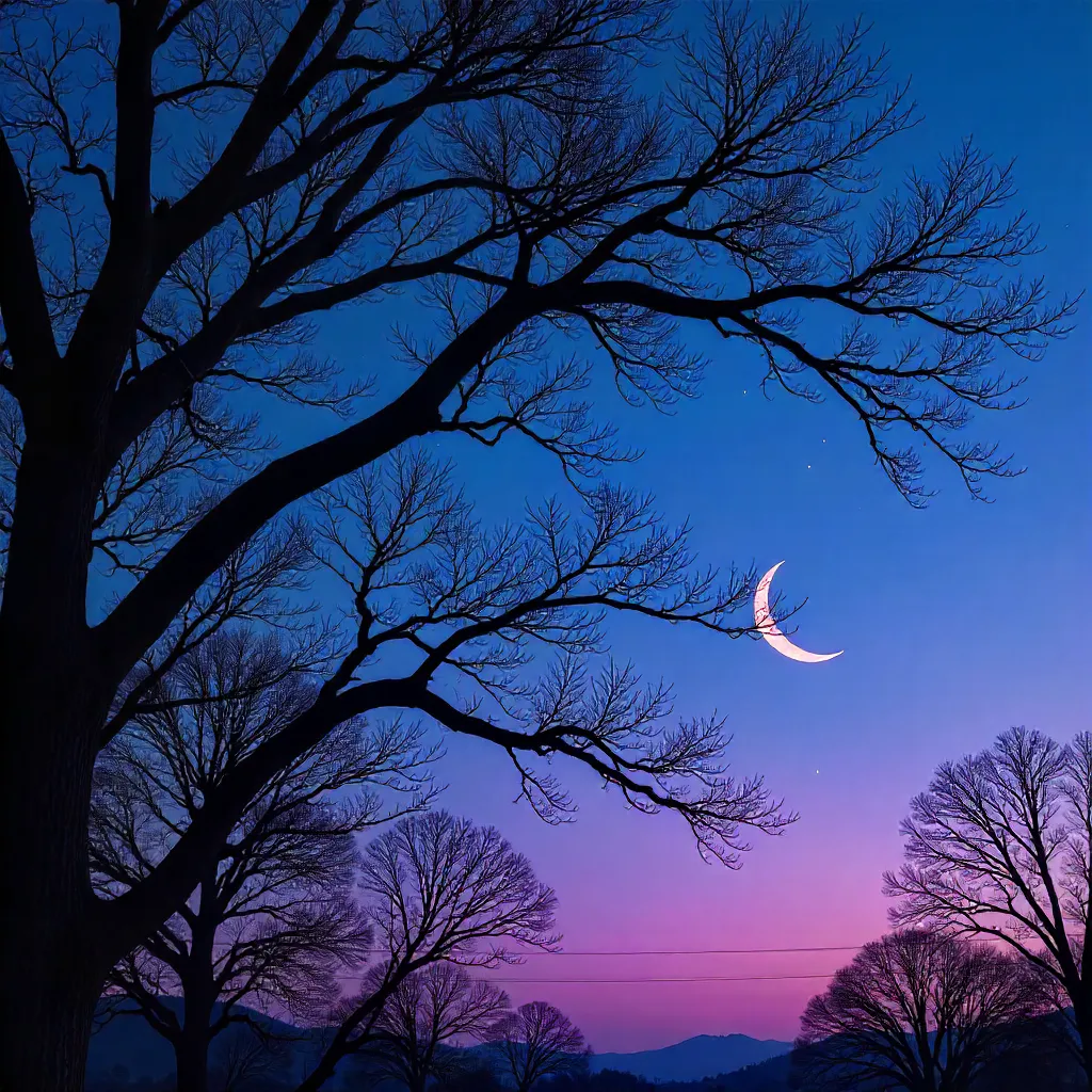 Silhouetted branches beneath a crescent moon at twilight