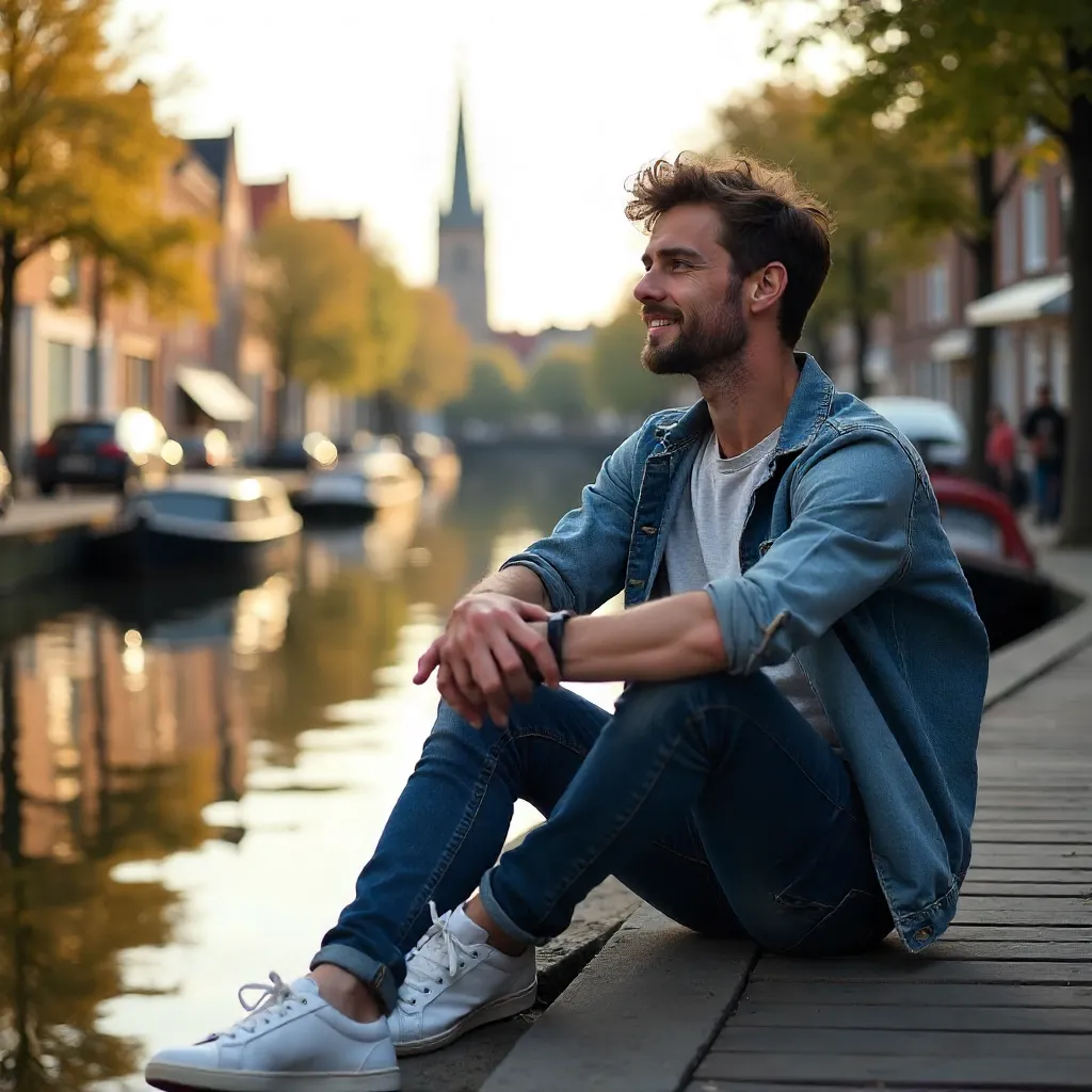 Casual Young Man on a Lille Canal Dock
