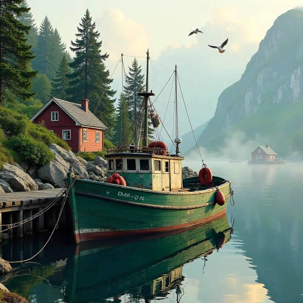 Quaint Nordic Harbor: Traditional Fishing Boat