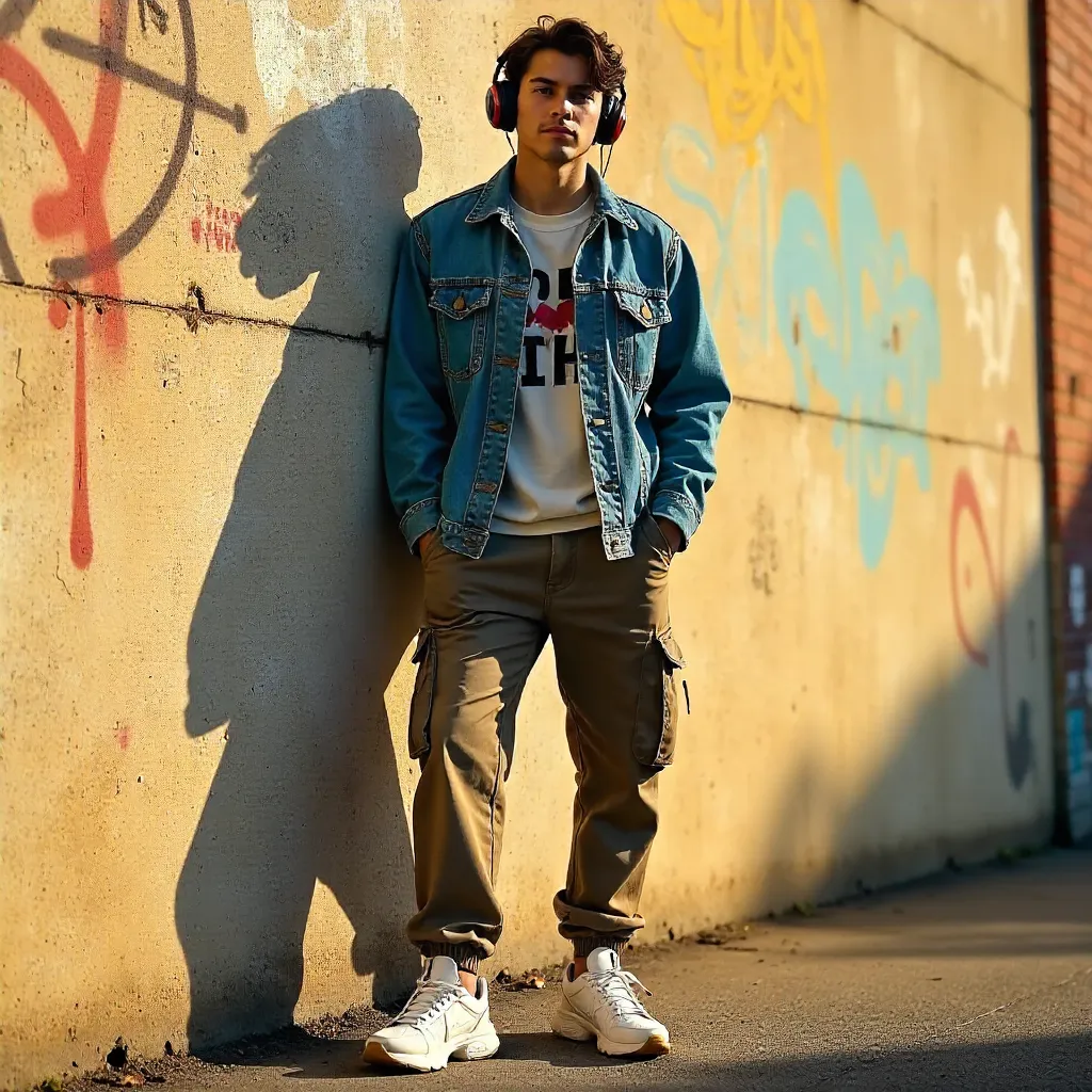 Sunlit Teen in Streetwear by Textured Wall
