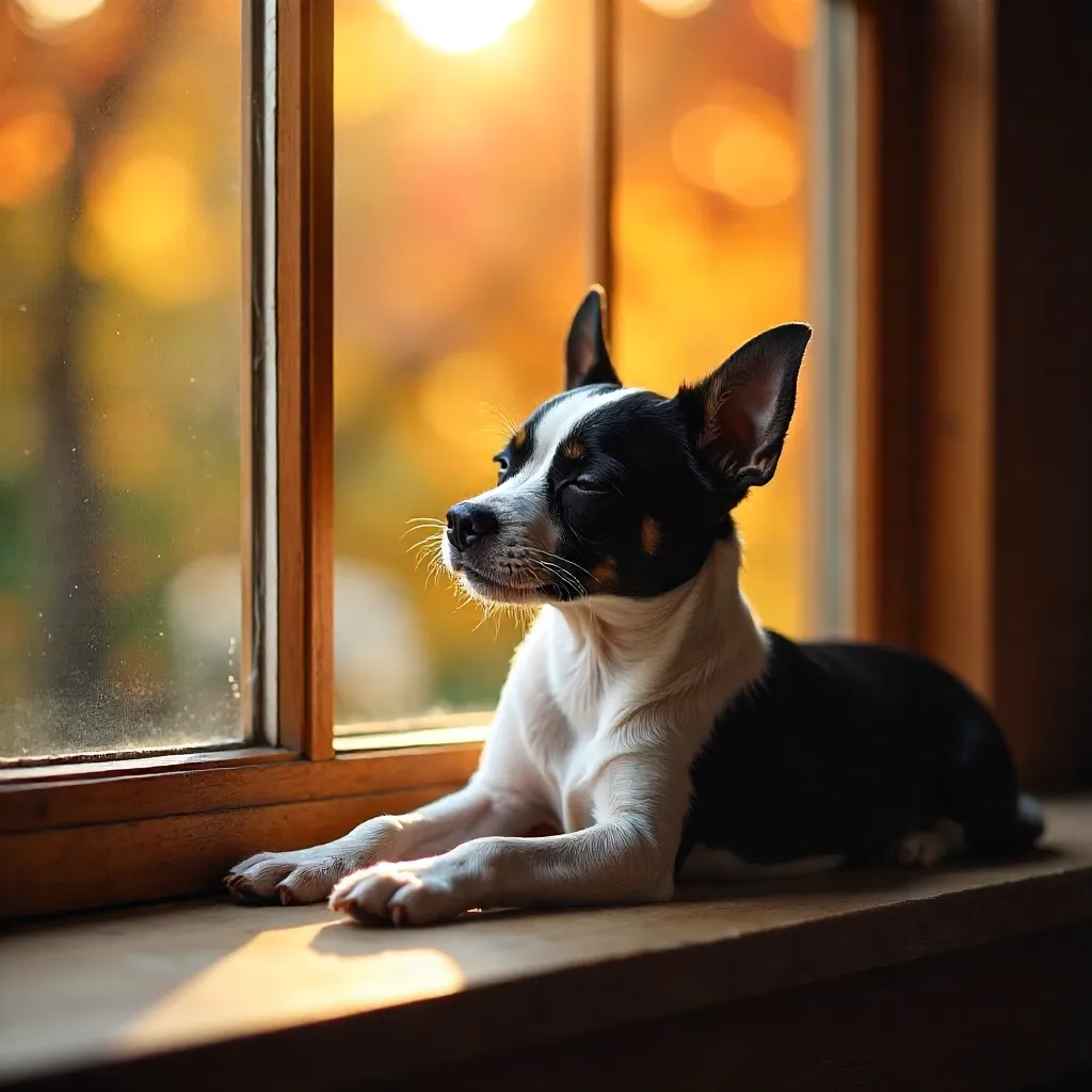 Autumn Sunlit Window: Black-and-White Dog on Sill