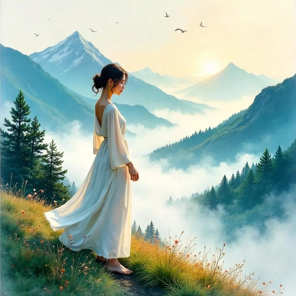 Watercolor Portrait: Asian Woman in Twilight Mountains