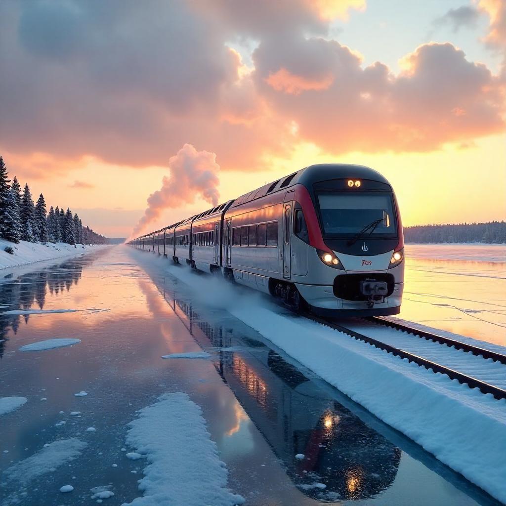 Photorealistic Train Crossing a Frozen Lake at Sunset