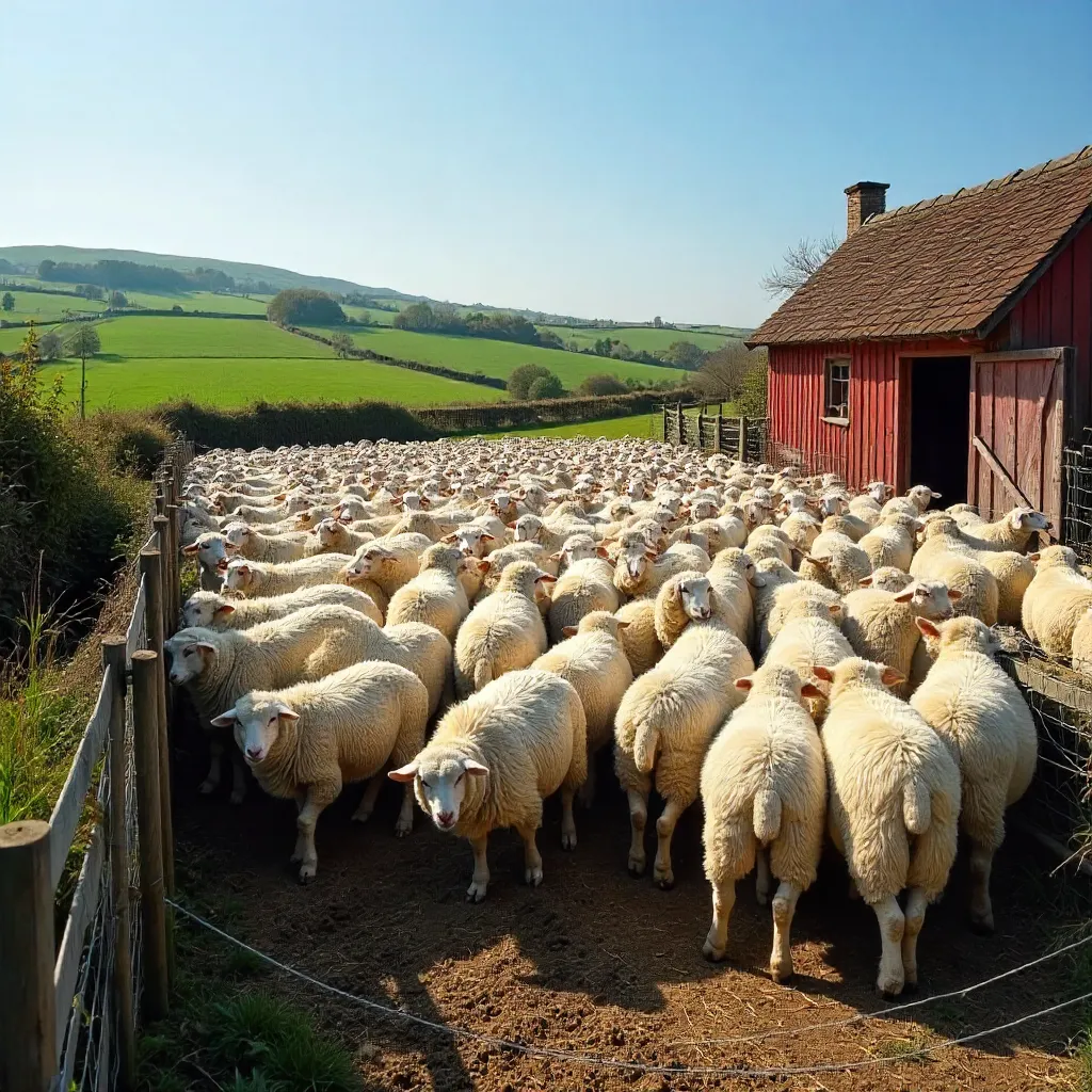 Dense Flock of Sheep in a Rural Enclosure