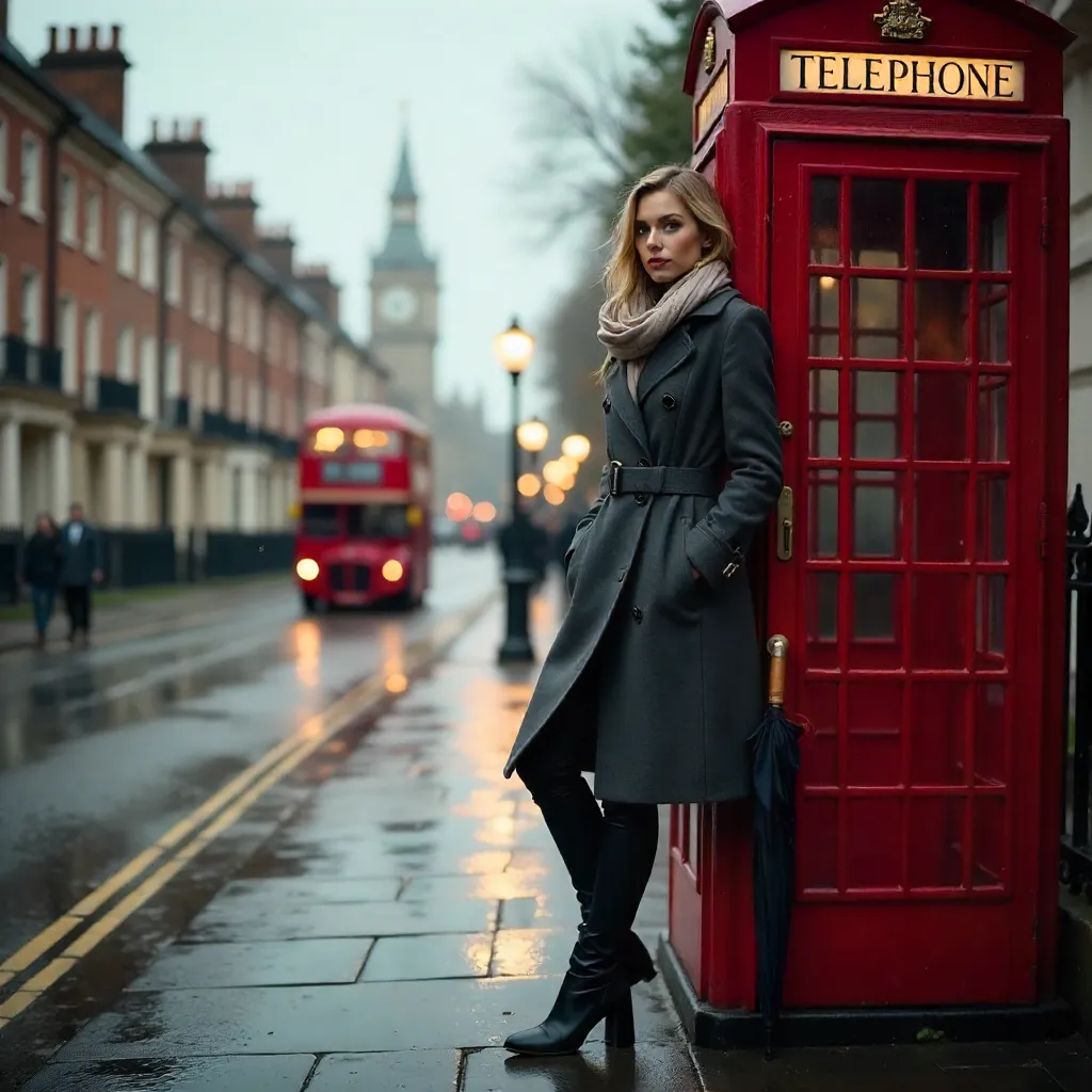 London Woman Leaning on a Classic Red Telephone Booth