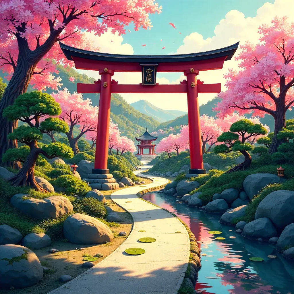 Anime Gate in a Serene Zen Garden
